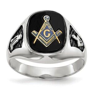 14k White Gold Genuine Fine Jewelry Men's  Black Enamel & Onyx Masonic Ring